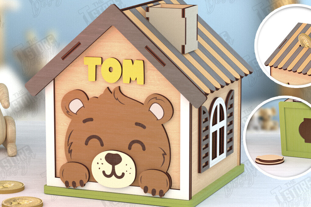 Intra απο ξύλο plywood 3mm-4mm πάχος – Εξατομικευμένη Piggy Bank | Αρκούδα Δίασταση  20x20 cm INTRAFABR-120841452