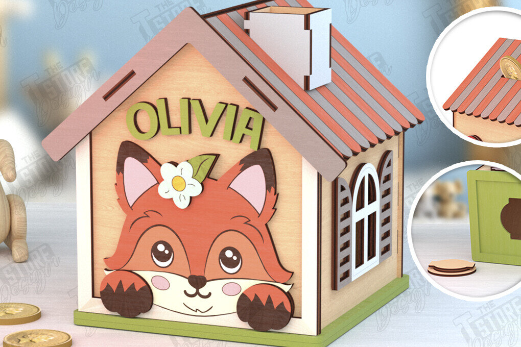 Intra απο ξύλο plywood 3mm-4mm πάχος – Εξατομικευμένη Piggy Bank | Αλεπού Δίασταση  20x20 cm INTRAFABR-120963991