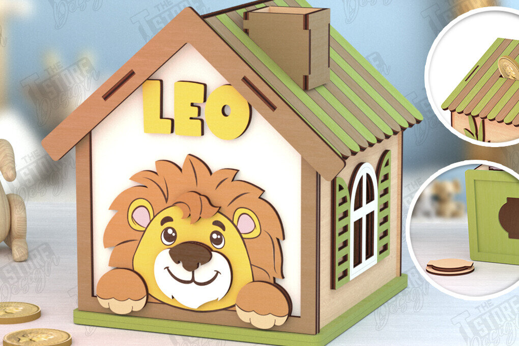 Intra απο ξύλο plywood 3mm-4mm πάχος – Εξατομικευμένη Piggy Bank | Λιοντάρι Δίασταση  20x20 cm INTRAFABR-120964026