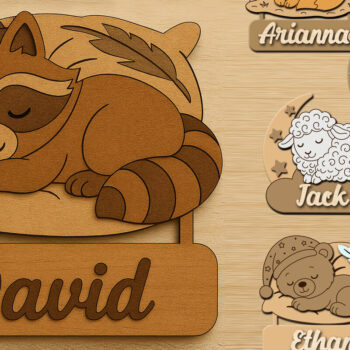 Intra απο ξύλο plywood 3mm-4mm πάχος – Personalized Sleeping Animals Kids Name Δίασταση  20x20 cm INTRAFABR-123578894 - Image 1