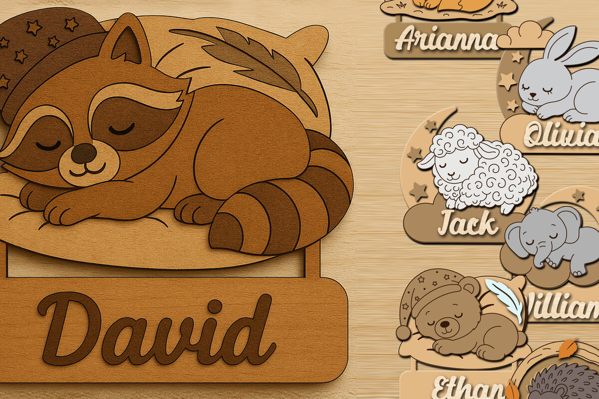 Intra απο ξύλο plywood 3mm-4mm πάχος – Personalized Sleeping Animals Kids Name Δίασταση  20x20 cm INTRAFABR-123578894