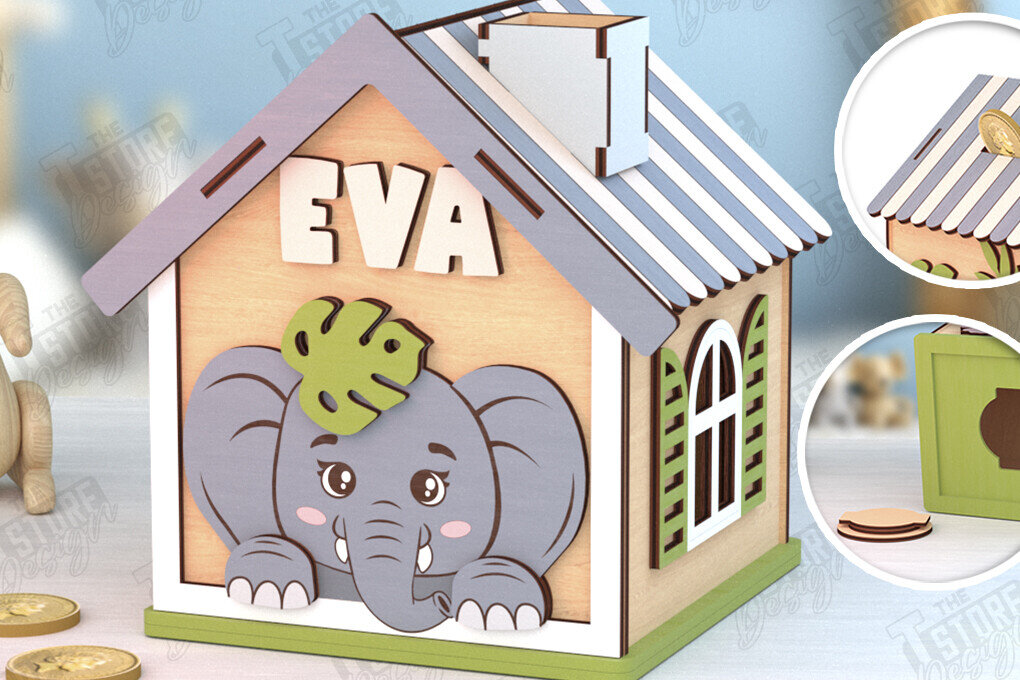 Intra απο ξύλο plywood 3mm-4mm πάχος – Κοπή λέιζερ Piggy Bank | Elephant Design Δίασταση  40x30 cm INTRAFABR-120964023