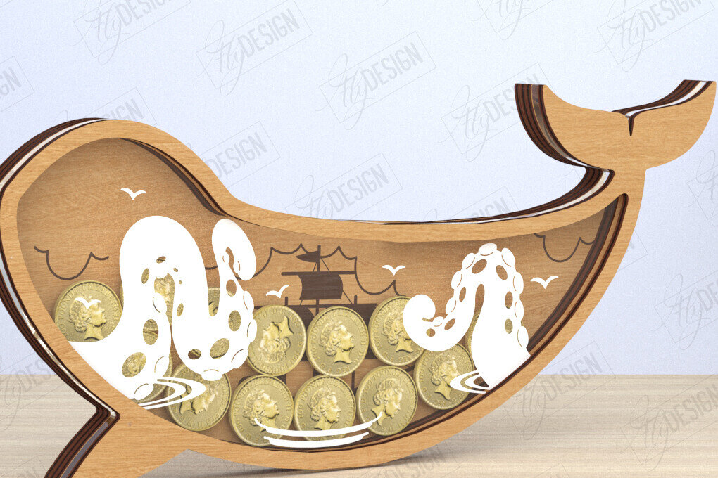 Intra απο ξύλο plywood 3mm-4mm πάχος – Κοπή λέιζερ Piggy Bank | Σχήμα Φάλαινας Δίασταση  20x20 cm INTRAFABR-119663913