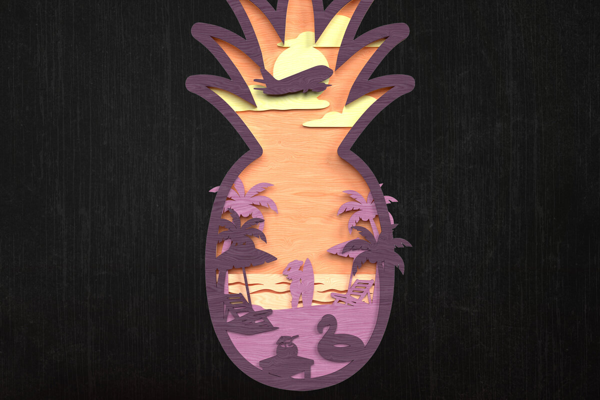 Intra απο ξύλο plywood 3mm-4mm πάχος – Pineapple Beach Scene Layered Δίασταση  20x20 cm INTRAFABR-120349842