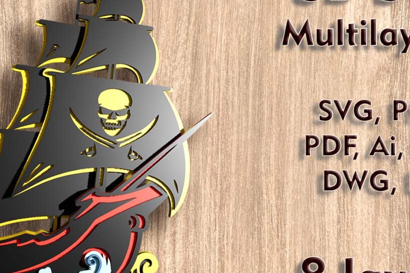 Intra απο ξύλο plywood 3mm-4mm πάχος – Αρχείο λέιζερ 3D Pirate Ship Δίασταση  20x20 cm INTRAFABR-109489372