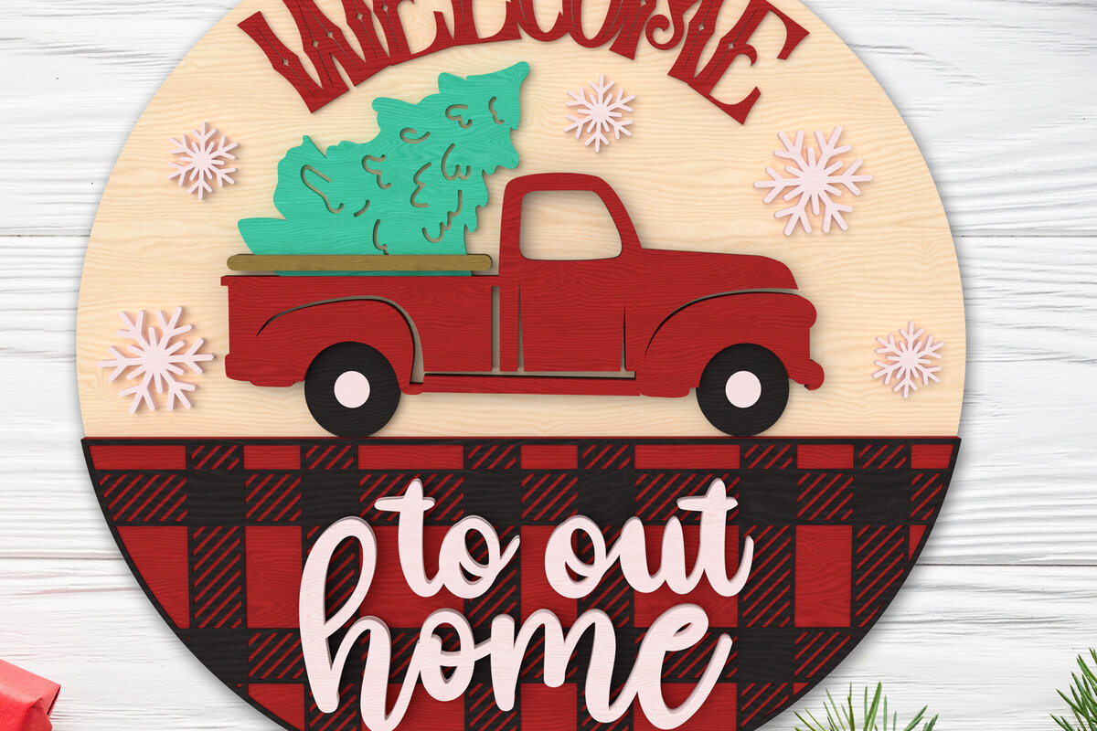 Intra απο ξύλο plywood 3mm-4mm πάχος – Καρό φορτηγό καλωσορίσματος Χριστουγεννιάτικη πινακίδα Δίασταση  20x20 cm INTRAFABR-107375919