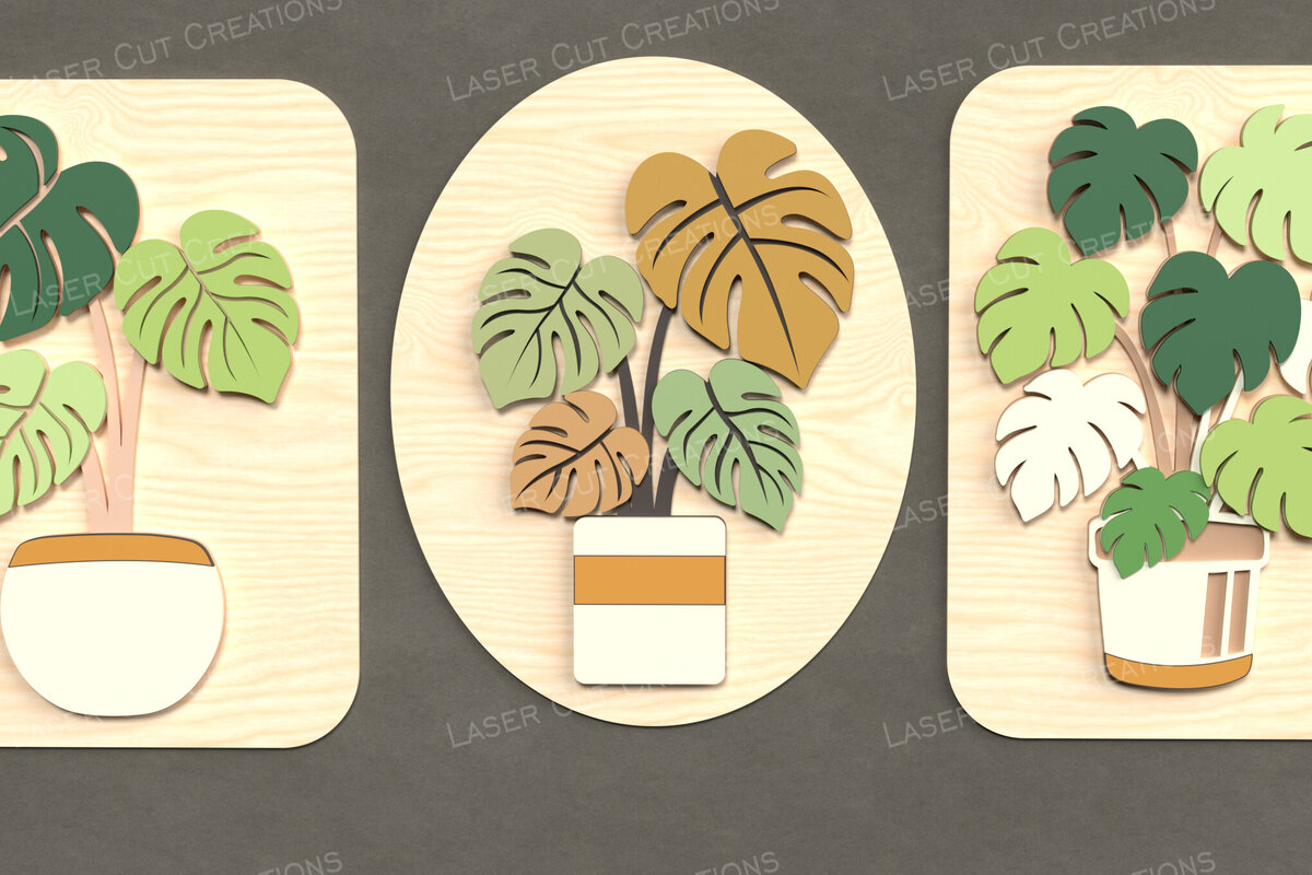 Intra απο ξύλο plywood 3mm-4mm πάχος – Σετ σε γλάστρα Monstera Wall Art Δίασταση  40x30 cm INTRAFABR-125219584