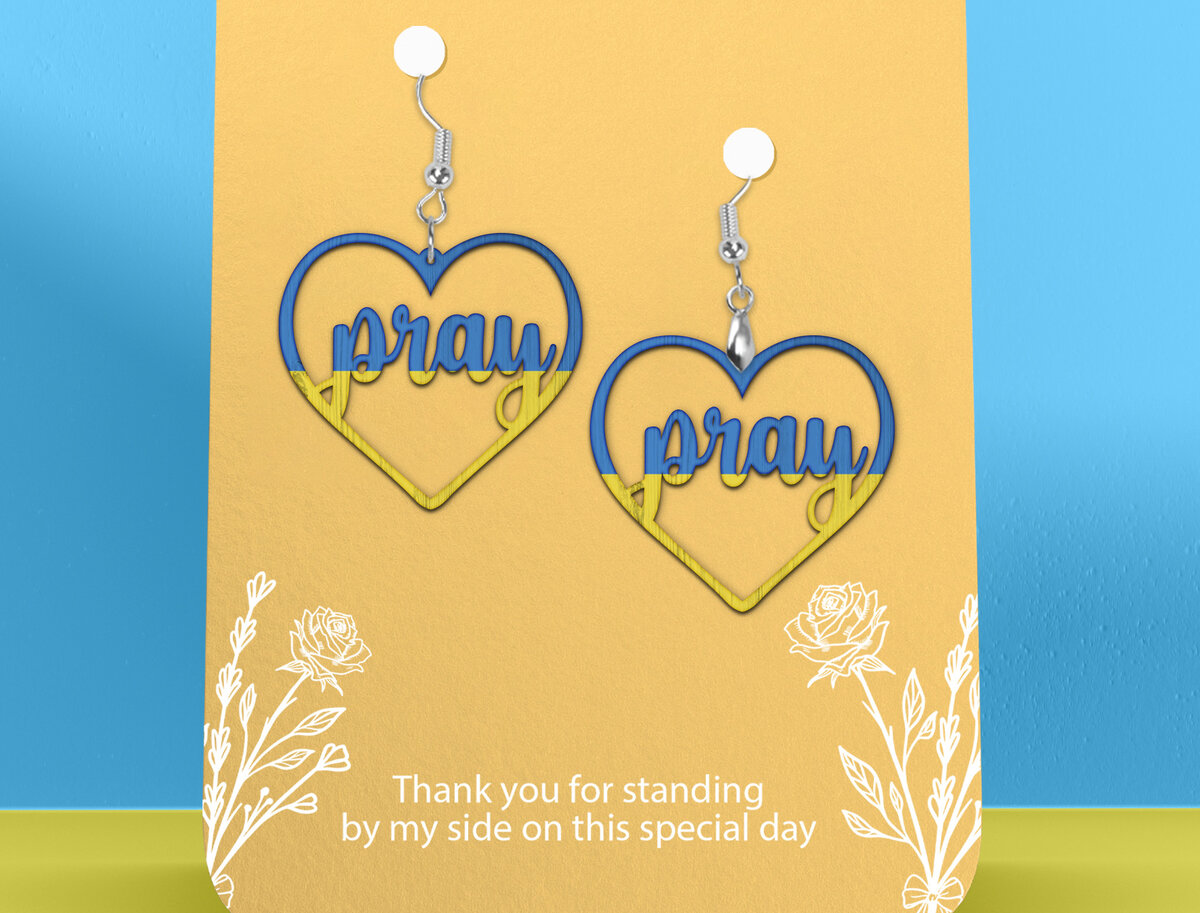 Intra απο ξύλο plywood 3mm-4mm πάχος – Pray Ukraine Heart Earrings Δίασταση  5x5 cm INTRAFABR-26582813