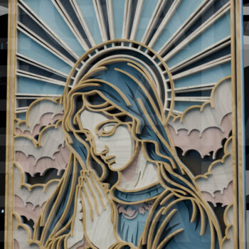 Intra απο ξύλο plywood 3mm-4mm πάχος – Προσευχόμενη Μαρία με ακτίνες φωτός Δίασταση 20x20 cm INTRAFABR-123433181 - Image 2