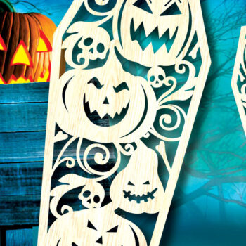 Intra απο ξύλο plywood 3mm-4mm πάχος – Κολοκύθα σε φέρετρο αποκριάτικα στολίδια Δίασταση  20x20 cm INTRAFABR-104601886 - Image 2