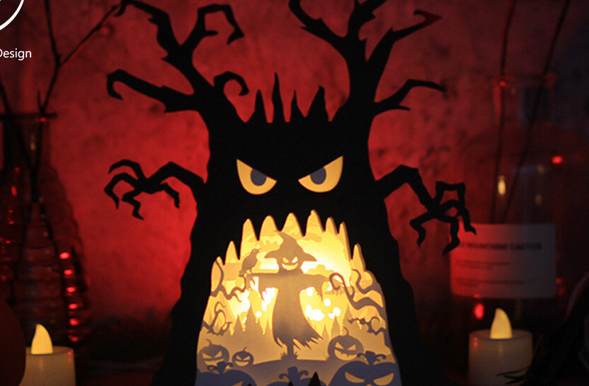 Intra απο ξύλο plywood 3mm-4mm πάχος – Σκιάχτρο κολοκύθας στο δέντρο φάντασμα Δίασταση  20x20 cm INTRAFABR-80836453