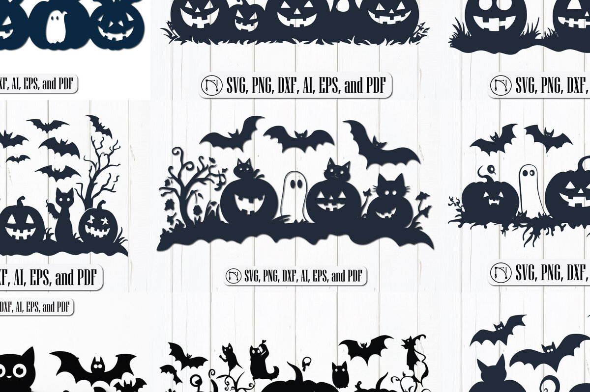 Intra απο ξύλο plywood 3mm-4mm πάχος – Σετ "Pumpkins, Cats, Bats &amp; Ghosts". Δίασταση  20x20 cm INTRAFABR-103171382