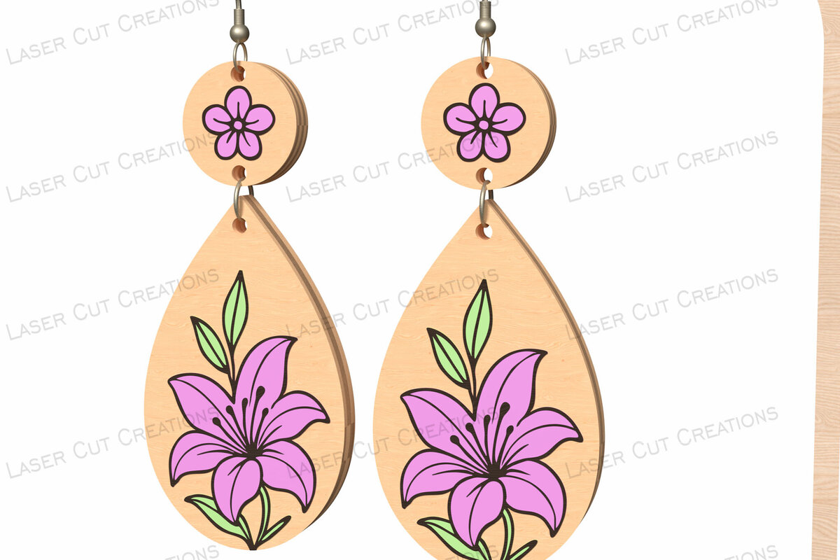 Intra απο ξύλο plywood 3mm-4mm πάχος – Μωβ Lily Teardrop Σκουλαρίκια Δίασταση  5x5 cm INTRAFABR-124634127