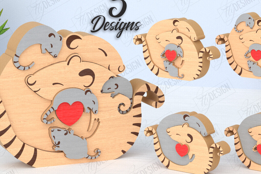 Intra απο ξύλο plywood 3mm-4mm πάχος – Πακέτο κοπής με λέιζερ παζλ Rats Family | CNC Δίασταση  20x20 cm INTRAFABR-119896300