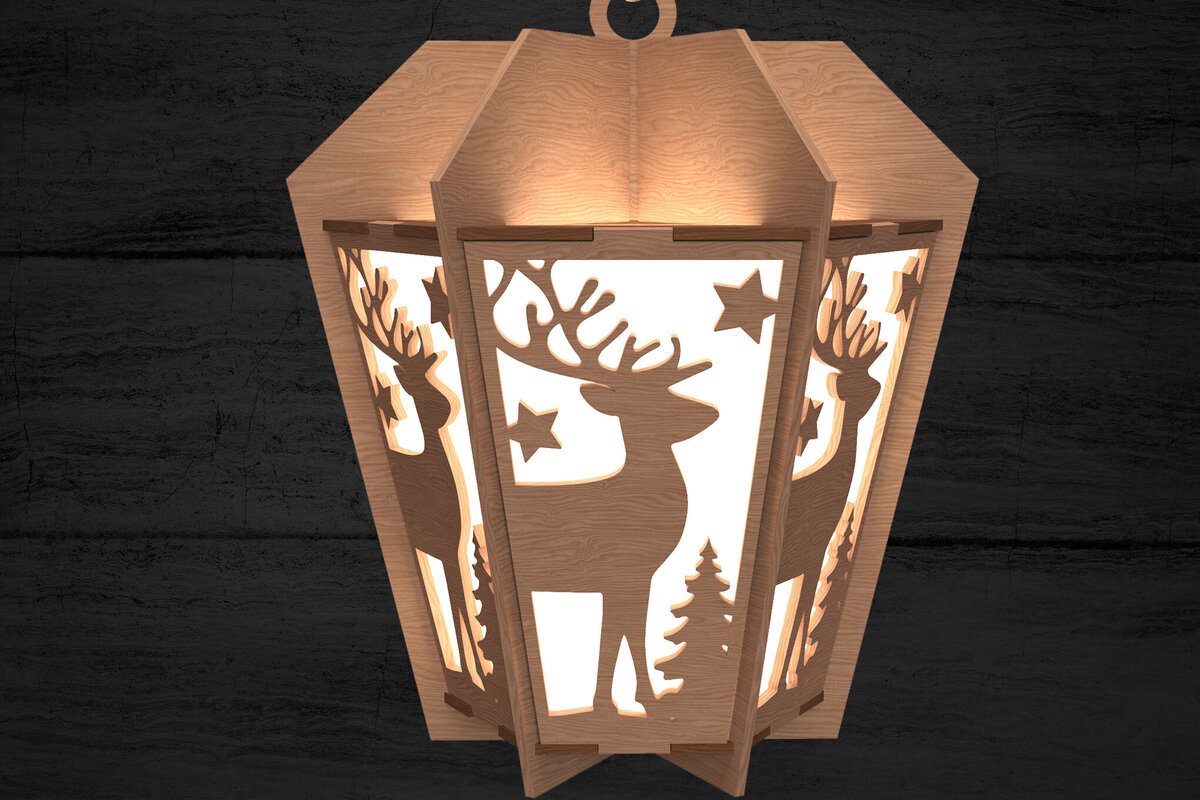 Intra απο ξύλο plywood 3mm-4mm πάχος – Χριστουγεννιάτικο φανάρι με λέιζερ τάρανδος Δίασταση  20x20 cm INTRAFABR-108902584