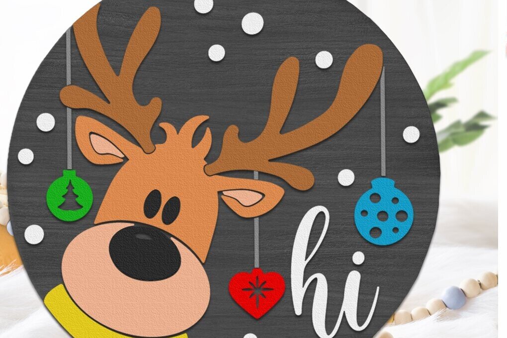 Intra απο ξύλο plywood 3mm-4mm πάχος – Reindeer Hi, Xmas Door Sign Δίασταση  40x30 cm INTRAFABR-112035738