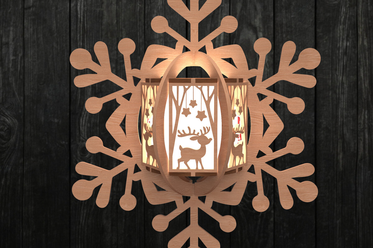Intra απο ξύλο plywood 3mm-4mm πάχος – Στολίδι με φανάρι με νιφάδες χιονιού Δίασταση  20x20 cm INTRAFABR-109536720
