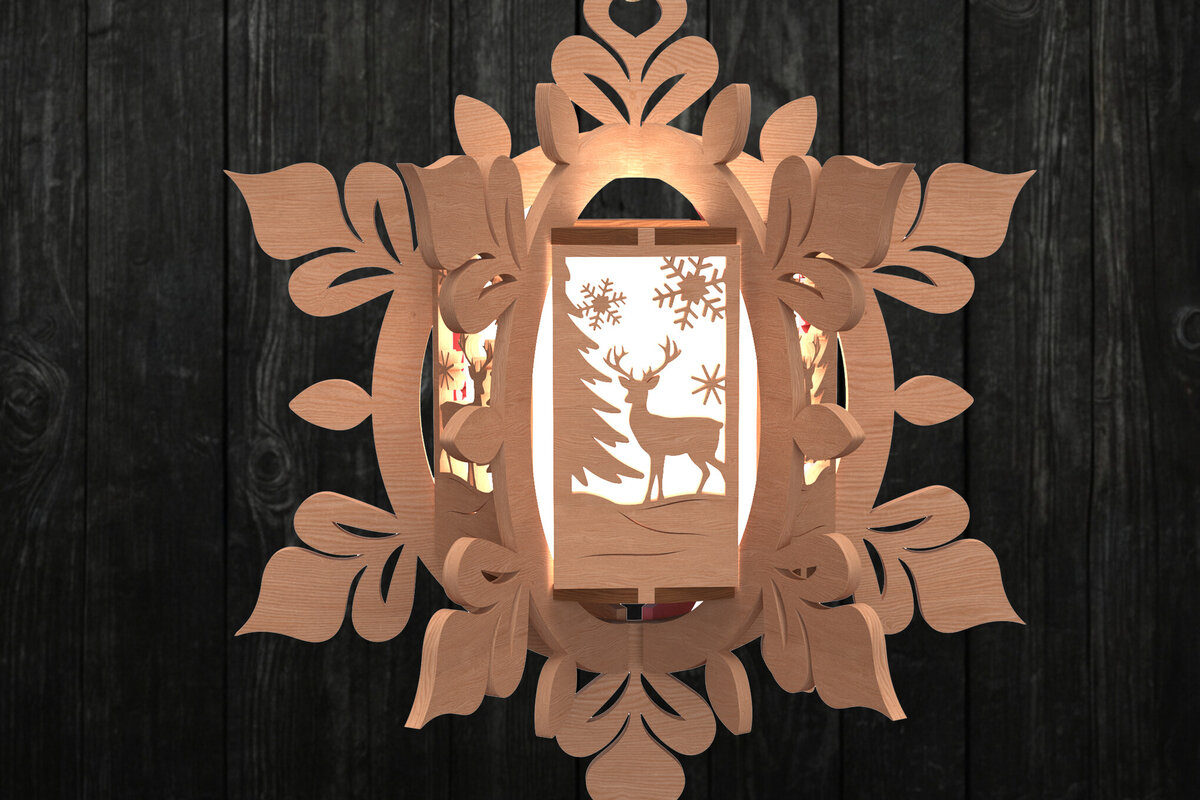 Intra απο ξύλο plywood 3mm-4mm πάχος – Reindeer Snowflake Lantern Δίασταση  20x20 cm INTRAFABR-111000707