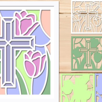 Intra απο ξύλο plywood 3mm-4mm πάχος – Θρησκευτικός σταυρός με λουλούδια σκιά κουτί Δίασταση  20x20 cm INTRAFABR-66141632 - Image 1