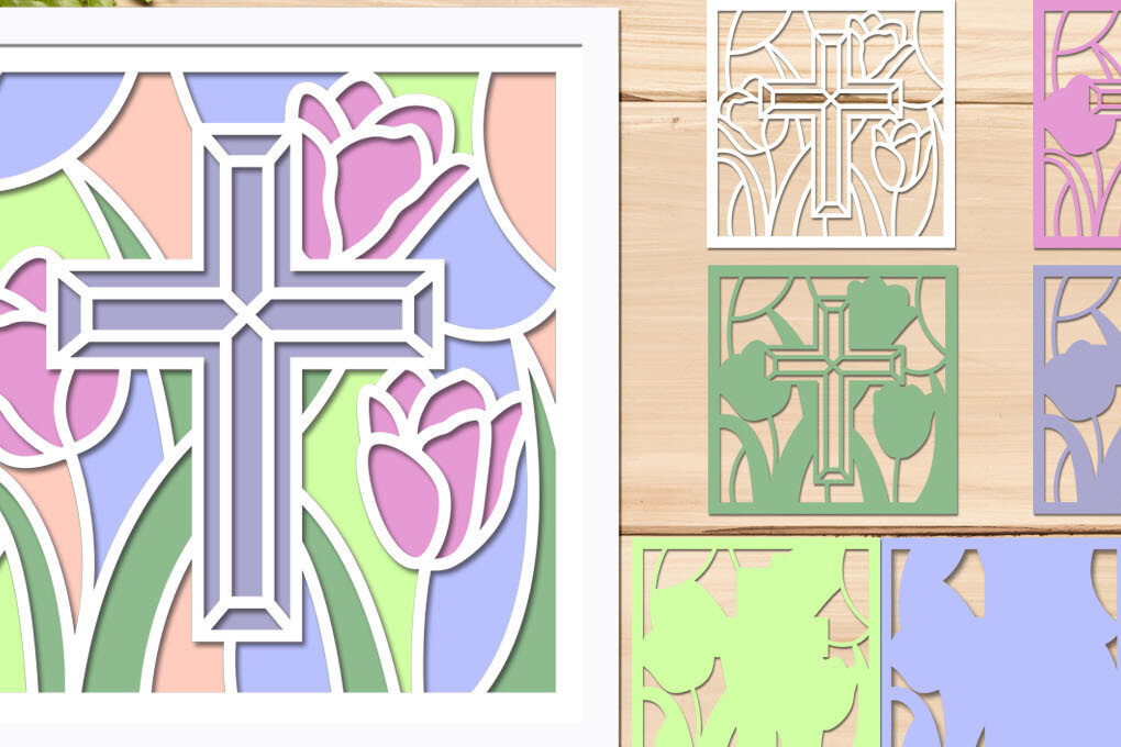 Intra απο ξύλο plywood 3mm-4mm πάχος – Θρησκευτικός σταυρός με λουλούδια σκιά κουτί Δίασταση  20x20 cm INTRAFABR-66141632