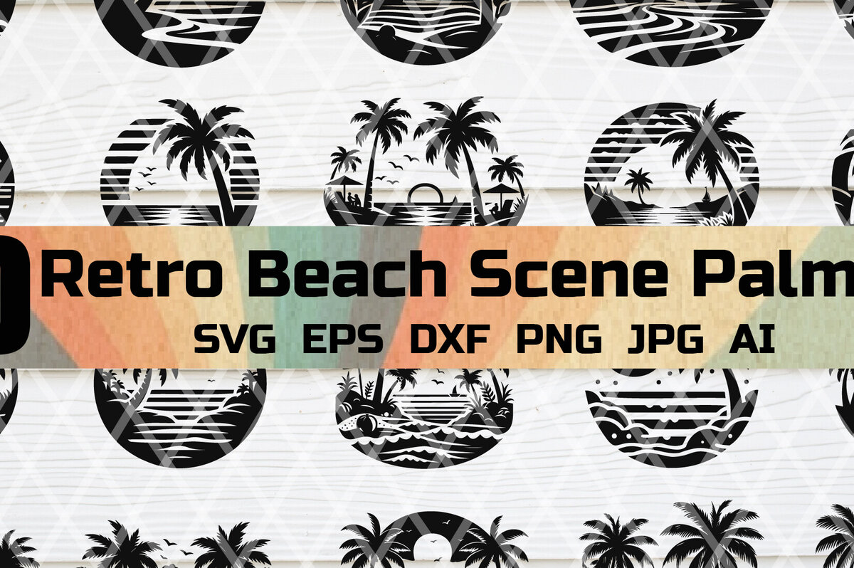 Intra απο ξύλο plywood 3mm-4mm πάχος – Πακέτο Palm Tree Retro Beach Scene Δίασταση  20x20 cm INTRAFABR-122352843