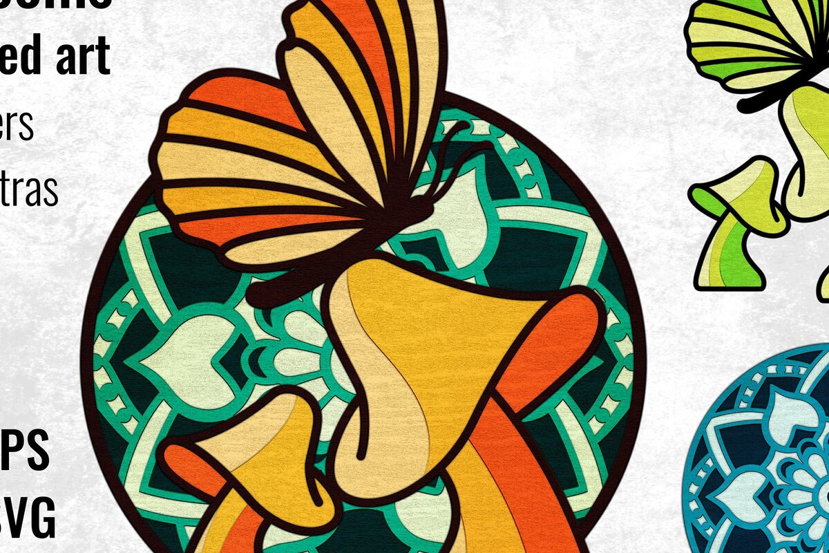 Intra απο ξύλο plywood 3mm-4mm πάχος – Ρετρό μαγικά μανιτάρια και πεταλούδα Δίασταση  20x20 cm INTRAFABR-34475972