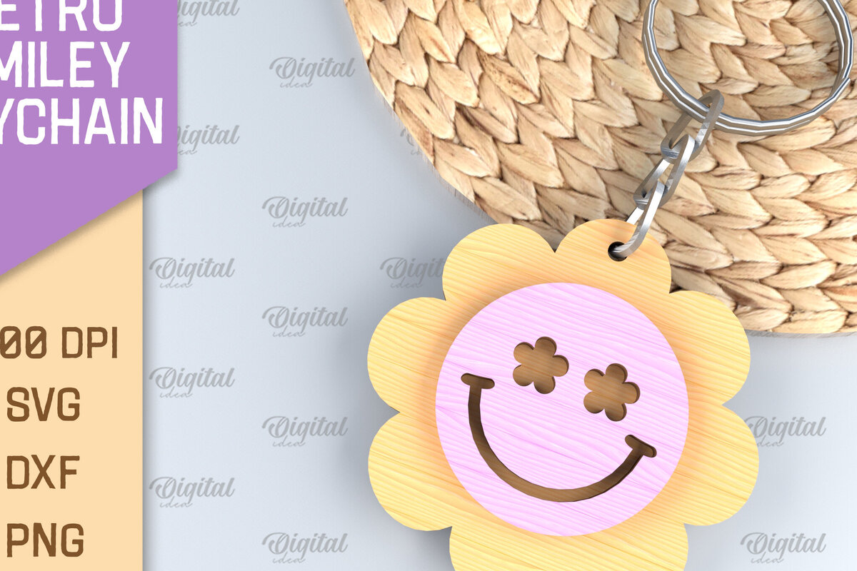 Intra απο ξύλο plywood 3mm-4mm πάχος – Retro Smiley Μπρελόκ με λέιζερ Δίασταση  5x5 cm INTRAFABR-89119786