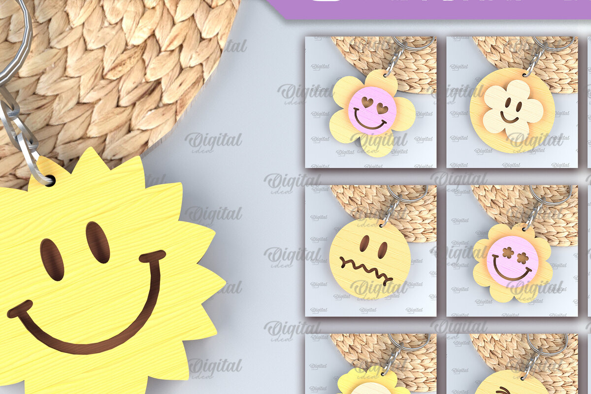 Intra απο ξύλο plywood 3mm-4mm πάχος – Πακέτο κοπής λέιζερ με μπρελόκ ρετρό Smiley Δίασταση 5x5 cm INTRAFABR-89181949