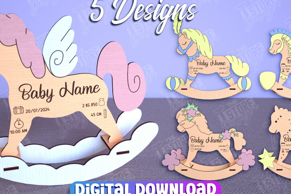 Intra απο ξύλο plywood 3mm-4mm πάχος – Πακέτο ανακοινώσεων γέννησης Rocking Horse Δίασταση  20x20 cm INTRAFABR-113990586