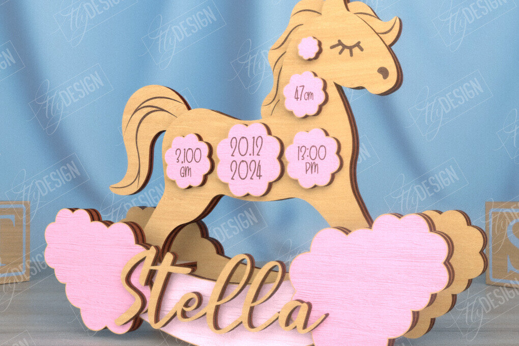 Intra απο ξύλο plywood 3mm-4mm πάχος – Ανακοίνωση Γέννησης Rocking Horse|Νεογέννητο Δίασταση  20x20 cm INTRAFABR-115676846