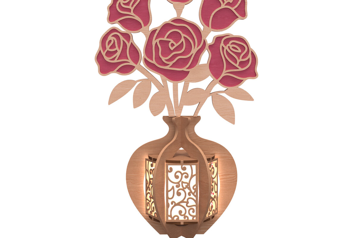 Intra απο ξύλο plywood 3mm-4mm πάχος – Ρομαντικό βάζο τριαντάφυλλο κόψιμο με λέιζερ Δίασταση  20x20 cm INTRAFABR-112273870