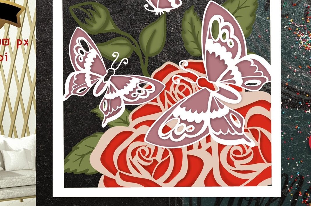 Intra απο ξύλο plywood 3mm-4mm πάχος – Rose and Butterflies 3D Δίασταση  20x20 cm INTRAFABR-56206294