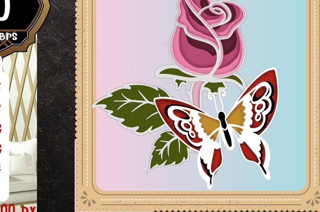 Intra απο ξύλο plywood 3mm-4mm πάχος – Rose and Butterfly 3D V.2 Δίασταση  20x20 cm INTRAFABR-56506239