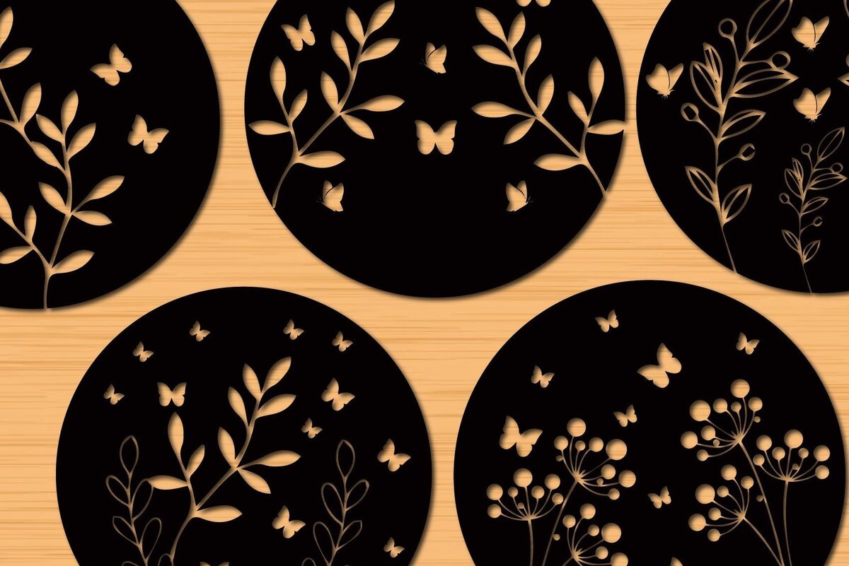 Intra απο ξύλο plywood 3mm-4mm πάχος – Στρογγυλά πάνελ κομμένα με λέιζερ Butterfly Floral Δίασταση  20x20 cm INTRAFABR-32745204