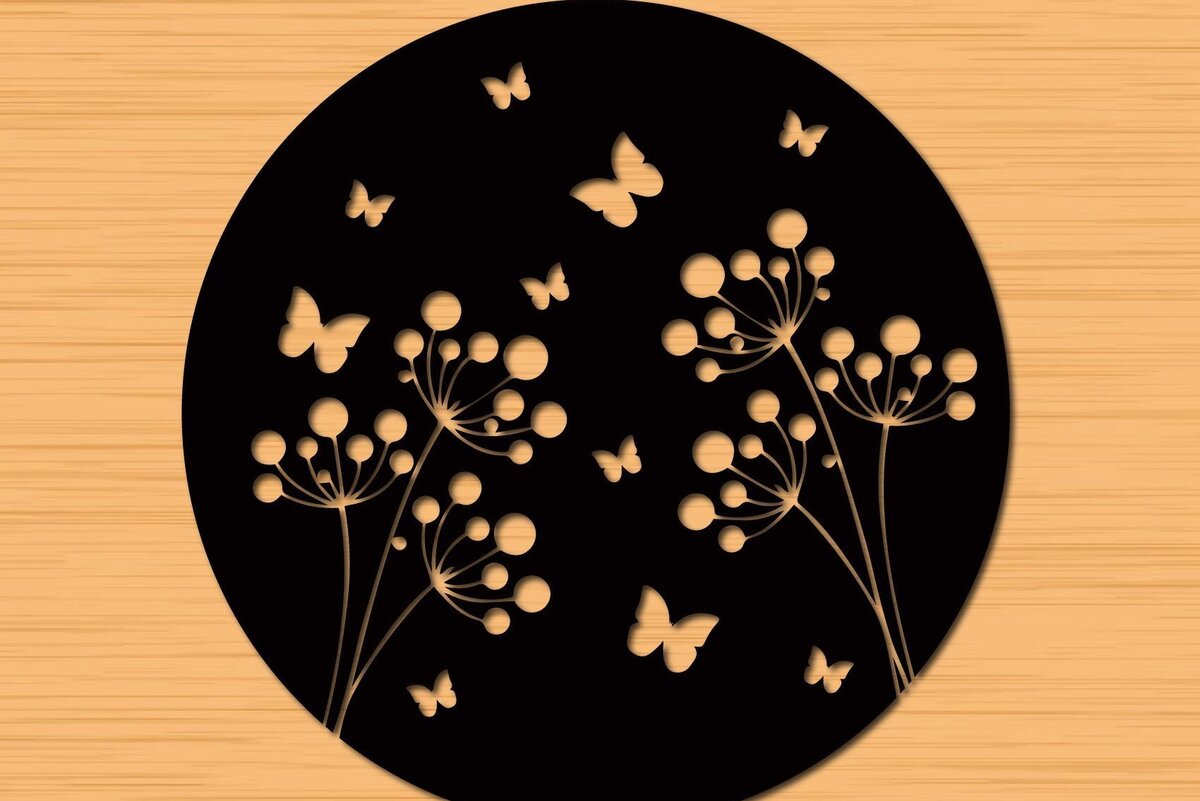 Intra απο ξύλο plywood 3mm-4mm πάχος – Στρογγυλά πάνελ κομμένα με λέιζερ Butterfly Floral Δίασταση  20x20 cm INTRAFABR-32744857
