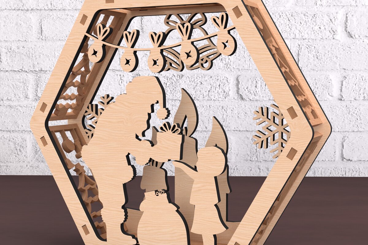 Intra απο ξύλο plywood 3mm-4mm πάχος – Εξαγωνικό φανάρι Άγιος Βασίλης και παιδιά Δίασταση  20x20 cm INTRAFABR-108492726