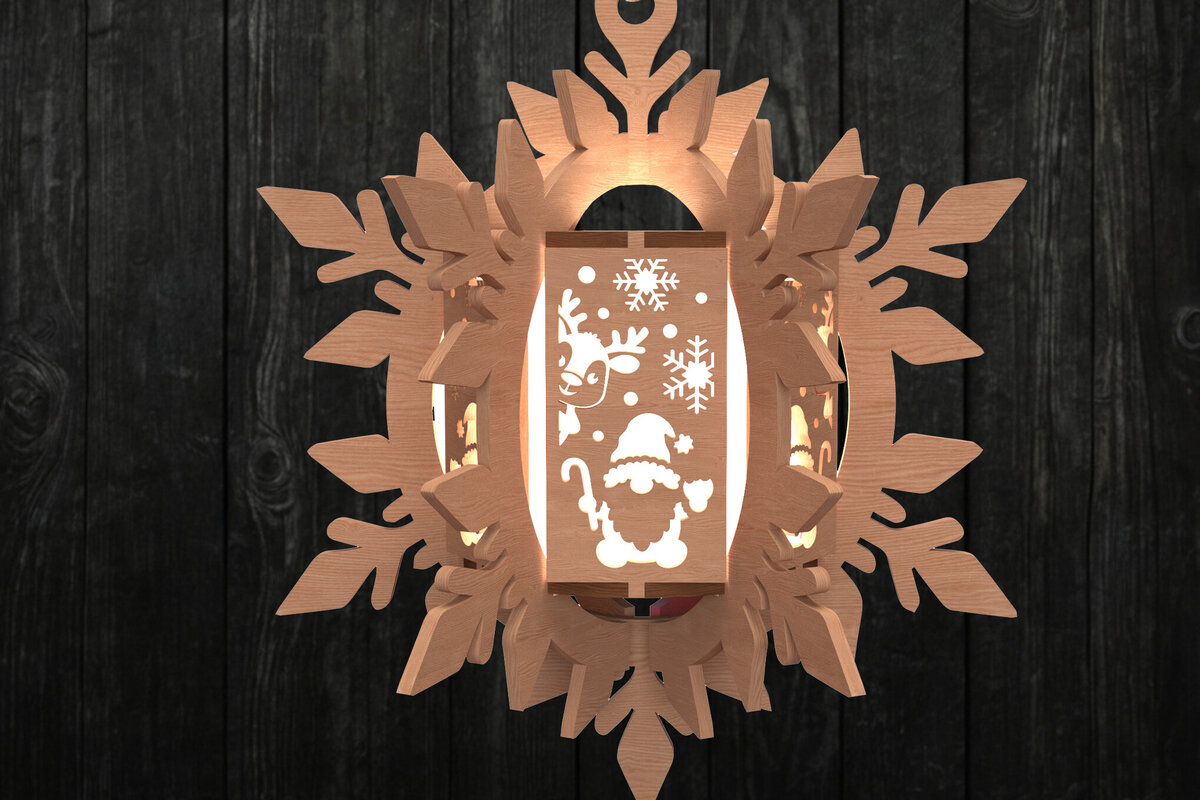 Intra απο ξύλο plywood 3mm-4mm πάχος – Φανάρι με νιφάδες χιονιού Άγιος Βασίλης και τάρανδος Δίασταση  20x20 cm INTRAFABR-111001043
