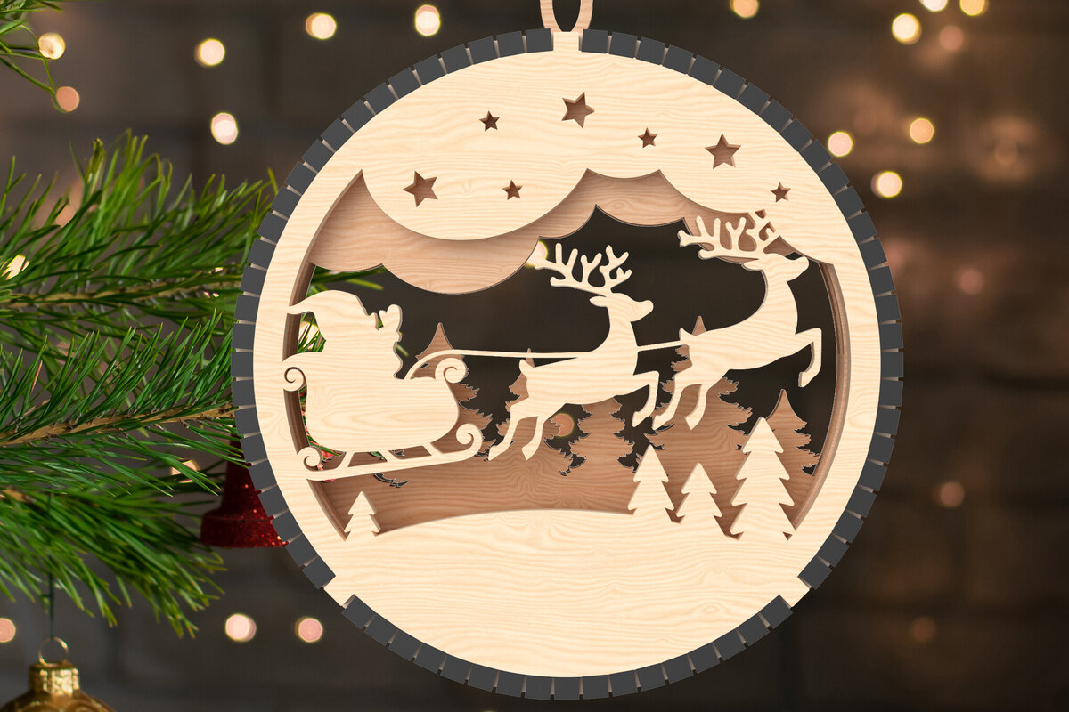 Intra απο ξύλο plywood 3mm-4mm πάχος – Στολίδι με λέιζερ με έλκηθρο και τάρανδο Δίασταση  20x20 cm INTRAFABR-107002198