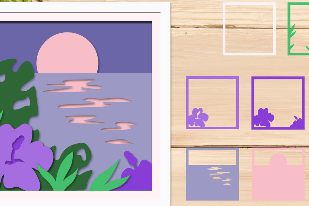 Intra απο ξύλο plywood 3mm-4mm πάχος – Θάλασσα και τροπικά λουλούδια τρισδιάστατο κουτί σκιών Δίασταση  20x20 cm INTRAFABR-68910494