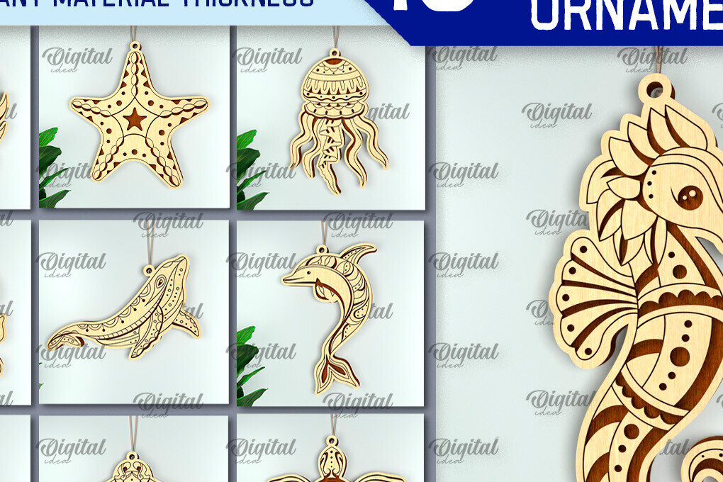 Intra απο ξύλο plywood 3mm-4mm πάχος – Δέσμη κομμένα με λέιζερ στολίδια θαλάσσιων ζώων Δίασταση  20x20 cm INTRAFABR-99136188