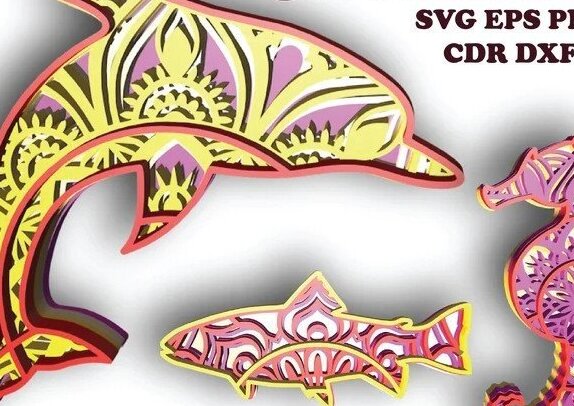 Intra απο ξύλο plywood 3mm-4mm πάχος – Θαλάσσια ζωή, Δελφίνι, ψάρι, Θαλάσσιο Άλογο Δίασταση  20x20 cm INTRAFABR-31269454