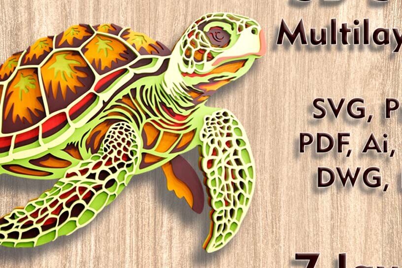 Intra απο ξύλο plywood 3mm-4mm πάχος – Αρχεία λέιζερ πολλαπλών επιπέδων 3D Sea Turtle Δίασταση  20x20 cm INTRAFABR-109079225