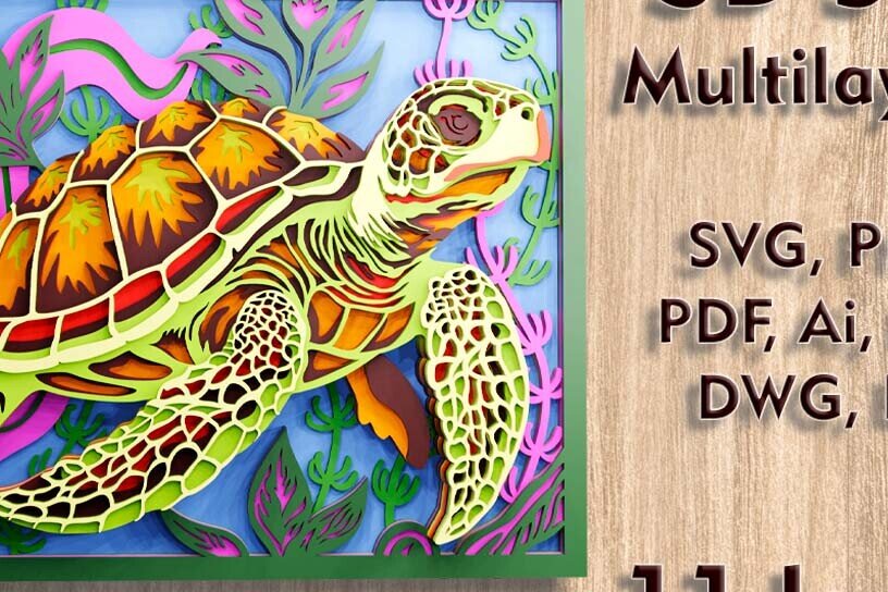 Intra απο ξύλο plywood 3mm-4mm πάχος – Αρχεία λέιζερ πολλαπλών επιπέδων Sea Turtle 3d Δίασταση  20x20 cm INTRAFABR-108827971