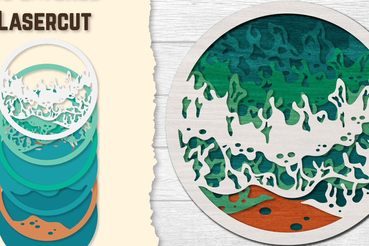 Intra απο ξύλο plywood 3mm-4mm πάχος – Sea Wave 3D Lasered Lasercut Δίασταση  20x20 cm INTRAFABR-122011175