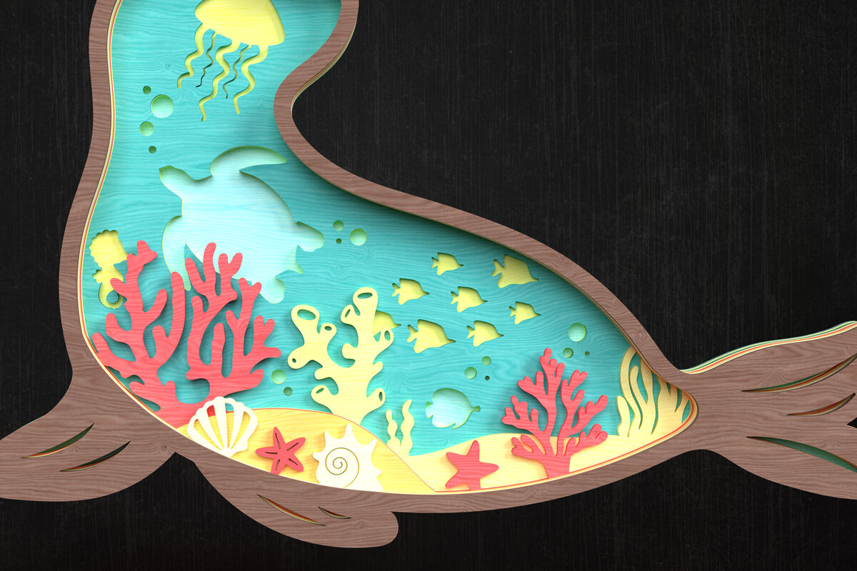 Intra απο ξύλο plywood 3mm-4mm πάχος – Seal Ocean Scene 3D Cut Laser Δίασταση  20x20 cm INTRAFABR-119659854