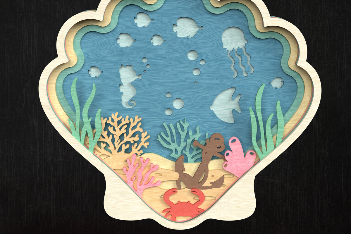 Intra απο ξύλο plywood 3mm-4mm πάχος – Seashell Ocean Scene 3D Δίασταση  20x20 cm INTRAFABR-119659791