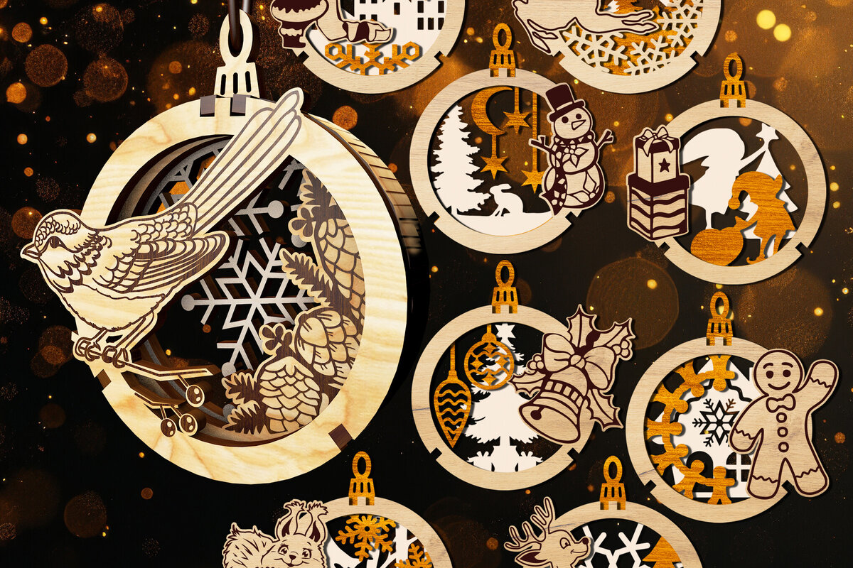 Intra απο ξύλο plywood 3mm-4mm πάχος – Σετ με 9 3D χριστουγεννιάτικα στολίδια Δίασταση  20x20 cm INTRAFABR-108661255