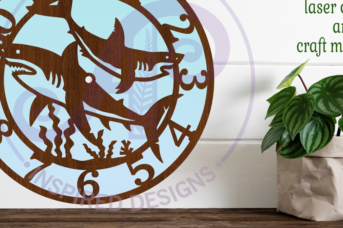 Intra απο ξύλο plywood 3mm-4mm πάχος – Sharks Clock Ρολόι τοίχου Αρχεία κοπής με λέιζερ, Δίασταση  40x30 cm INTRAFABR-112472764