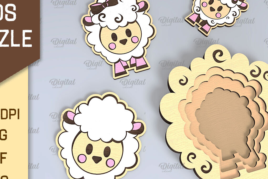 Intra απο ξύλο plywood 3mm-4mm πάχος –  κοπής με λέιζερ για οικογένεια παζλ προβάτων Δίασταση  20x20 cm INTRAFABR-108371651