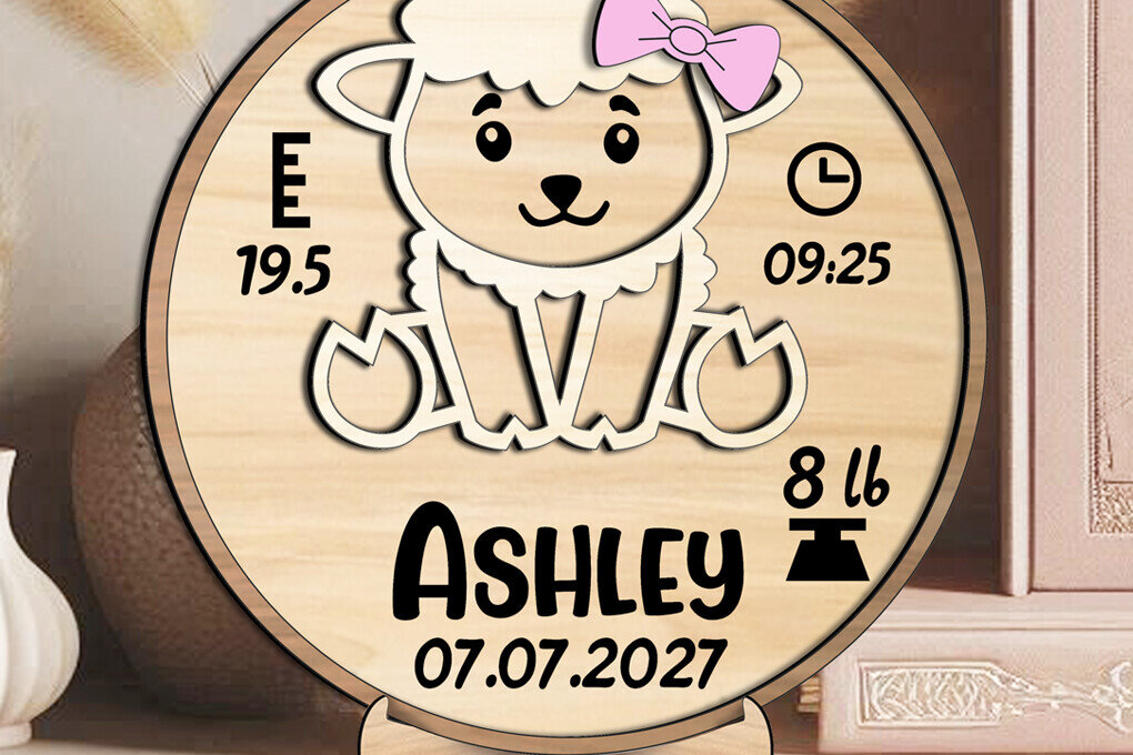 Intra απο ξύλο plywood 3mm-4mm πάχος – Sheep Baby Announcement Round Board Δίασταση  20x20 cm INTRAFABR-117667378